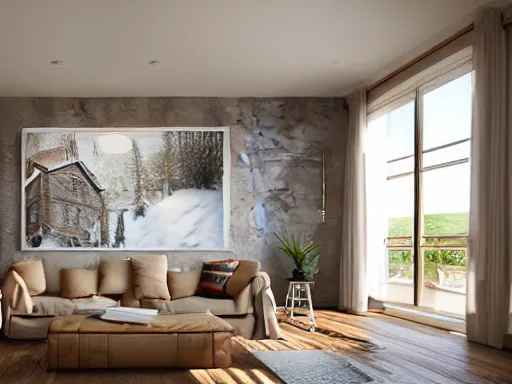 Prompt: interior design of a cozy and warm house, light brown color scheme, photorealist, panoramic view, 8 k