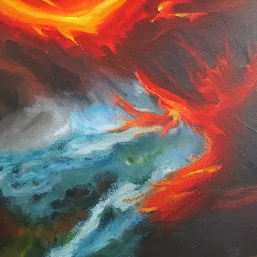 Prompt: landscape oil painting consisting of fire, earth, wind and water