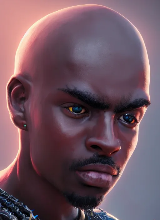 Image similar to An epic fantasy comic book style portrait painting of a young dark skinned thief with big shoulders and bald hair, unreal 5, DAZ, hyperrealistic, octane render, cosplay, RPG portrait, dynamic lighting