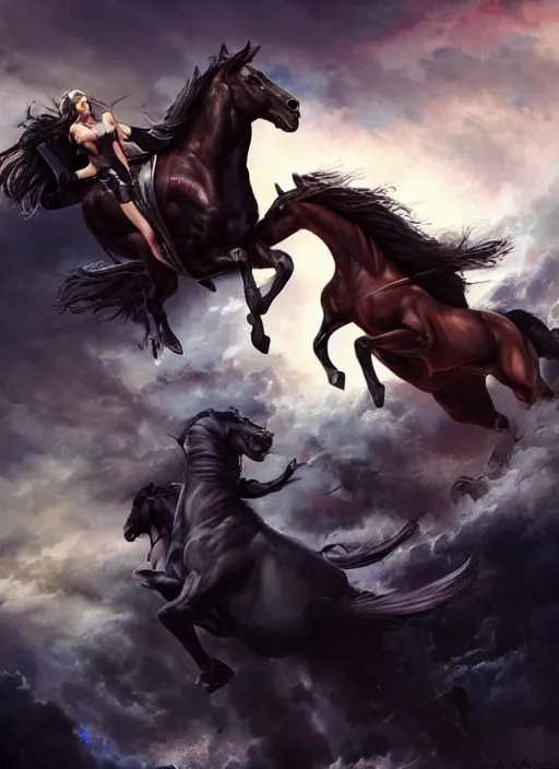 Prompt: the first horseman of the apocalypse riding a strong big black stallion, horse is running, the rider is carrying the scales of justice, beautiful artwork by artgerm and rutkowski, breathtaking, beautifully lit, dramatic, full view