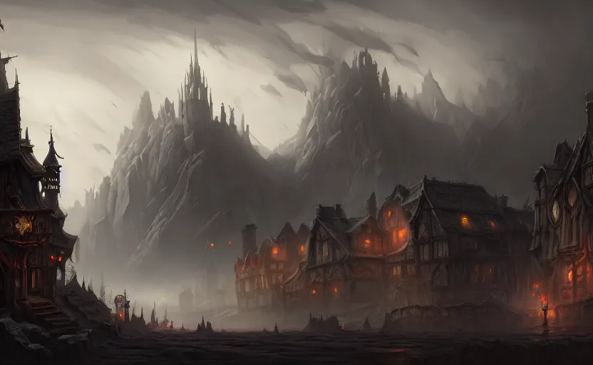 Image similar to extreme long shot concept art depicted old english majestic town, dramatic mood, overcast mood, dark fantasy environment, dieselpunk, art by legends of runeterra and league of legends and arcane, art by tony sart, trending on artstation, unreal engine, golden ratio, spectacular composition