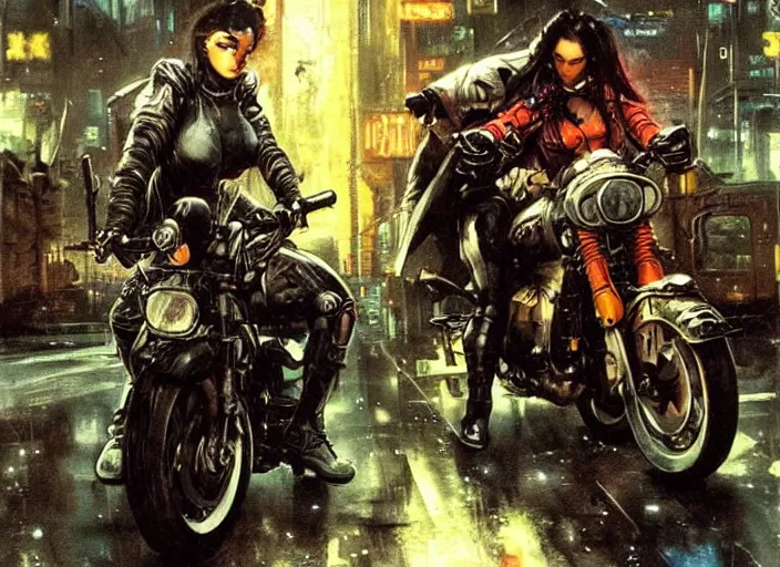 Prompt: 2 attractive cyberpunk females on motorcycles in a gritty futuristic city at night in the rain, art by Simon Bisley Frank Frazetta Martin Emond