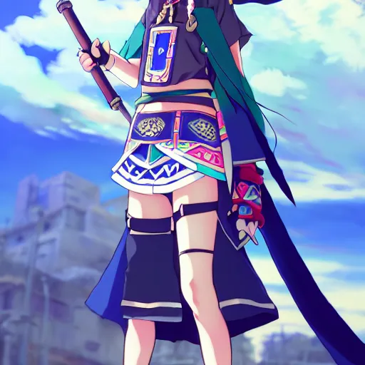 Image similar to a beautiful boyish zelda alluring gravure model, wearing japanese mayan street fashion school girl outfit with mayan pattern and native style, aztec street fashion, jrpg armor, perfect anime face, gapmoe yandere grimdark, trending on pixiv fanbox, painted by greg rutkowski makoto shinkai takashi takeuchi studio ghibli, akihiko yoshida