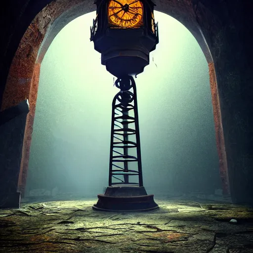 Image similar to an abandoned old rusty clocktower in a dark enormous cave dream photography, painting, perfectly balanced light, digital art, unreal engine, trending on artstation,