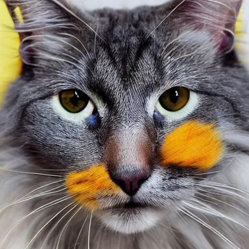 Image similar to long haired grey cat, bright vivid colors