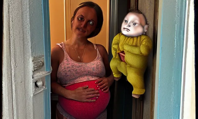 Image similar to pregnant woman in a doorway holding a flesh monstrosity like a baby fantasy painting