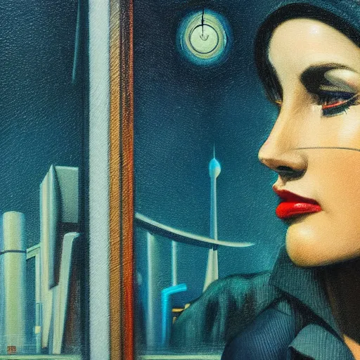 Image similar to detailed face of a woman, clockwork, moment, tectonic sky, skydome, bullet train, turbines, utopian, tech noir, wet reflections, prism, atmospheric, ambient, pj crook, syd mead, livia prima, greg rutkowski, edward hopper