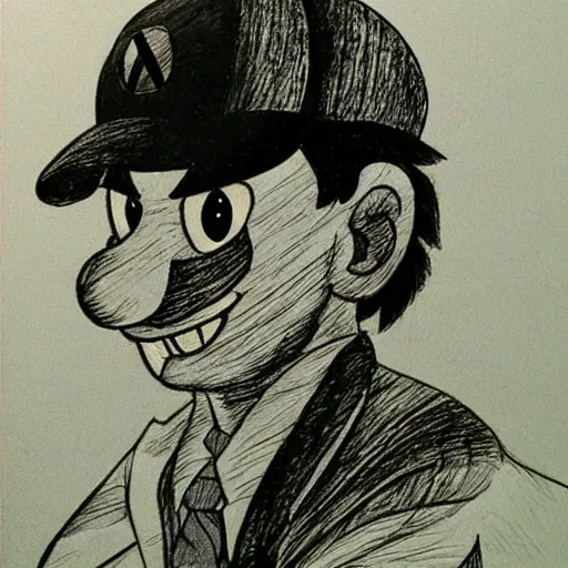 Prompt: A portrait of Mario drawn by Junji Ito, horror, gothic, fantasy, manga