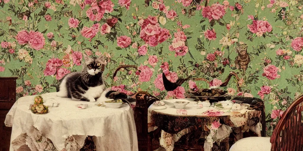 Image similar to portrait of a cat on a chair at a coffee table full of food, flowery wallpaper, beautiful sunny day, 1 8 8 0 s style