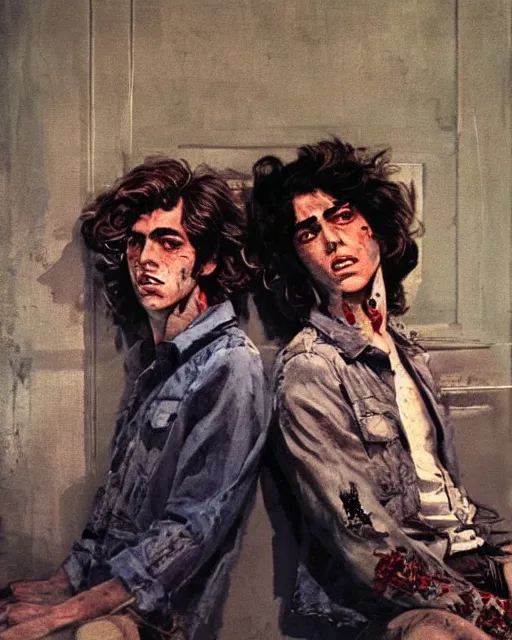 Image similar to two handsome but sinister young men in layers of fear, with haunted eyes and wild hair, 1 9 7 0 s, seventies, wallpaper, a little blood, moonlight showing injuries, delicate embellishments, painterly, offset printing technique, by coby whitmore
