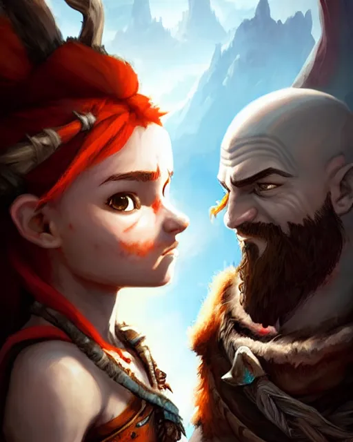 Image similar to cute little anthropomorphic kratos and aloy cute and adorable, pretty, beautiful, dnd character art portrait, matte fantasy painting, deviantart artstation, god of war, horizon zero dawn, by jason felix by steve argyle by tyler jacobson by peter mohrbacher