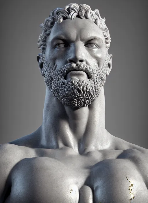 Image similar to a bloody statue made of white marble of hercules, perfect symmetrical body, perfect symmetrical face, hyper realistic, hyper detailed, by johannen voss, by michelangelo, octane render, blender, 8 k, stylized gold and black