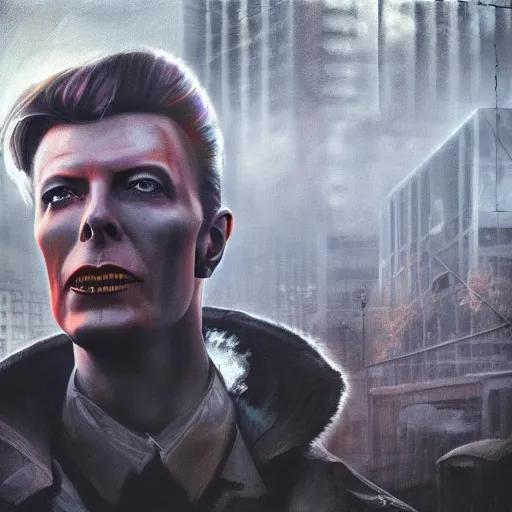 Image similar to fallout 5, charismatic david bowie, portrait, outdoors ruined cityscape, atmospheric lighting, painted, intricate, volumetric lighting, beautiful, daytime, sunny weather, slight overcast, sharp focus, deep colours, ultra detailed, by leesha hannigan, ross tran, thierry doizon, kai carpenter, ignacio fernandez rios