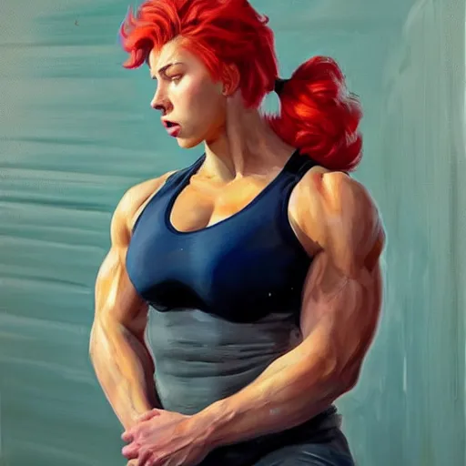 Prompt: greg manchess portrait of sleeping thick muscular weightlifter zarya from overwatch with ponytail and red hair played by scarlett johansson, medium shot, asymmetrical, profile picture, organic painting, sunny day, matte painting, bold shapes, hard edges, street art, trending on artstation, by huang guangjian and gil elvgren and sachin teng