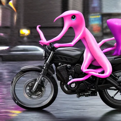 Image similar to hyper realistic, photo, humanoid pink female Squid creatures riding a motorcycle fast in the rainy city traffic