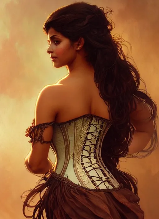 Image similar to cute brown woman wearing a translucent corset dress, fantasy, intricate, highly detailed, digital painting, artstation, concept art, wallpaper, smooth, sharp focus, illustration, art by artgerm and greg rutkowski and alphonse mucha