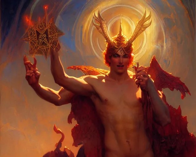 Image similar to attractive male deity, casting demonic magic, summoning handsome lucifer morning star. highly detailed painting by gaston bussiere, craig mullins, j. c. leyendecker 8 k