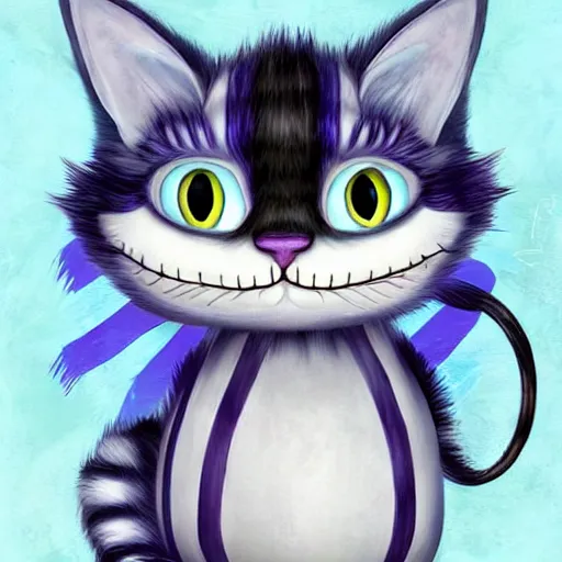 Prompt: cute blue striped cheshire cat. an adorable cat with light blue stripes, blue eyes and a mischievous smile. stunning digital art by eva balloon. fluffy, soft