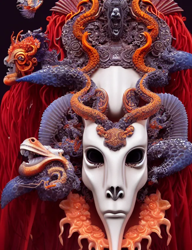 Image similar to 3 d goddess close - up profile portrait of satanic with ram skull. beautiful intricately detailed japanese crow kitsune mask and clasical japanese kimono. betta fish, jellyfish phoenix, bio luminescent, plasma, ice, water, wind, creature, artwork by tooth wu and wlop and beeple and greg rutkowski