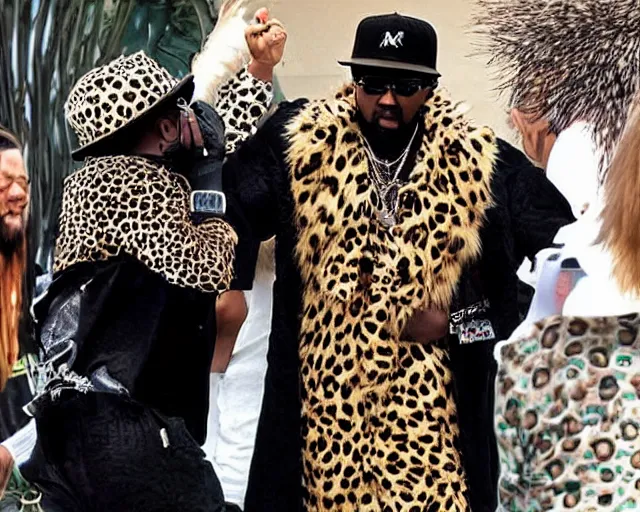 Image similar to cult worship of a angel pimp. the pimp is swagged out to the max. the pimp is wearing a cheetah. he loves the cheetah. he is the cheetah's actual dad.