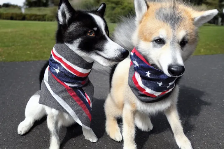 Prompt: A grey pegasus pony wearing a black and grey striped scarf sitting beside a shiba inu dog wearing a french flag bandana around their neck