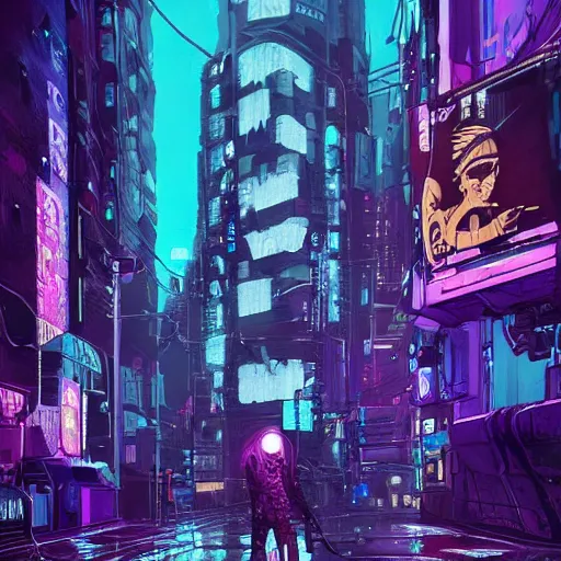 Image similar to high detailed dead android in a cyberpunk rainy city at night by Josan Gonzalez, purple and blue neons, unreal engine, high quality, 4K, UHD, trending on ArtStation, wires, blade runner vibes, ghost in the shell, akira, dorohedoro