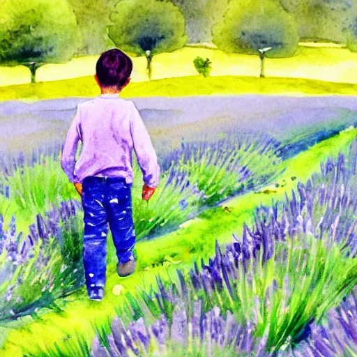 Image similar to a young boy walking in a field of lavender, talking on the phone and smiling, watercolour painting, french style,