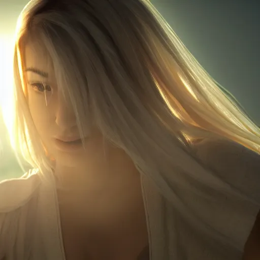 Prompt: a beautiful blonde teenager dressed with white robe, full moon in background, volumetric light, semirealistic style, 8 k, ross tran, unreal engine