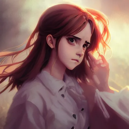 Image similar to anime portrait of emma watson as an anime girl by Stanley Artgerm Lau, WLOP, Rossdraws, James Jean, Andrei Riabovitchev, Marc Simonetti, and Sakimichan, trending on artstation