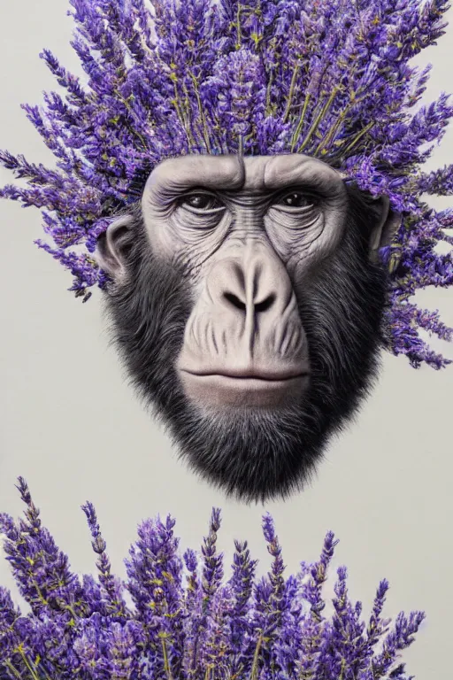 Prompt: hyperrealism close-up mythological portrait of a huge number of lavender flowers merged with with an ape with big juicy brain, silver palette, pale skin, wearing dark silk robe, in style of classicism