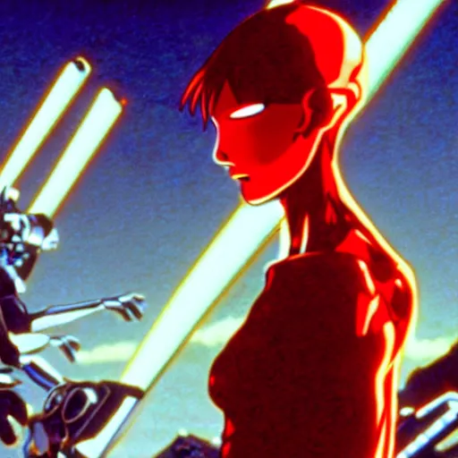 Image similar to movie still of a cyborg evangelion, cinematic composition, cinematic light, warm lighting criterion collection, by edgar wright and edgar allan poe