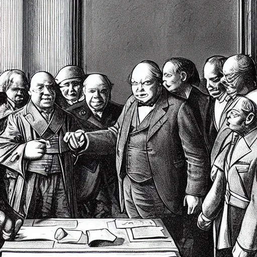 Prompt: Photoreal depiction of Leonardo from TMNT signing a peace treaty with Winston Churchill, in Parliament