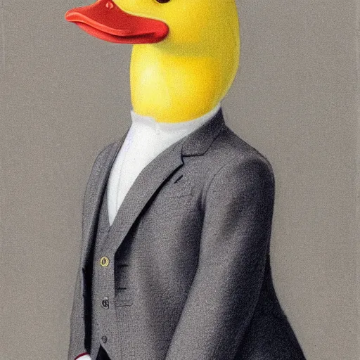 Image similar to a high detail photo of an antropomorphic duck wearing a suit, subject= duck, subject detail: wearing a suit, photorealism