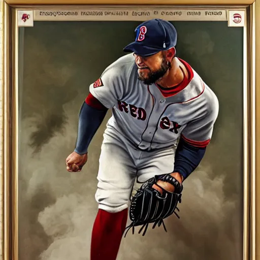 Prompt: portrait painting of boston red sox baseball player, unshaven, strong, ultra realistic, concept art, intricate details, serious, highly detailed, photorealistic, octane render, 8 k, unreal engine. art by artgerm and greg rutkowski and alphonse mucha