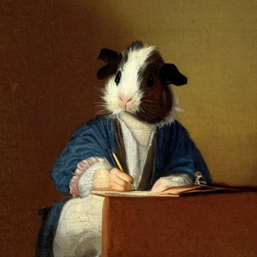 Image similar to a 1 8 th century painting of a guinea pig writing a letter, realistic oil paint