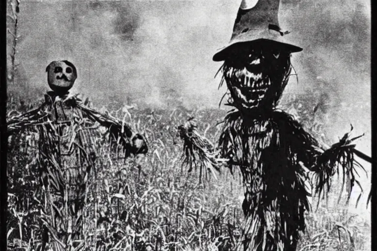 Image similar to disturbing screaming scarecrow from the early 1 9 0 0's burning down the cornfields