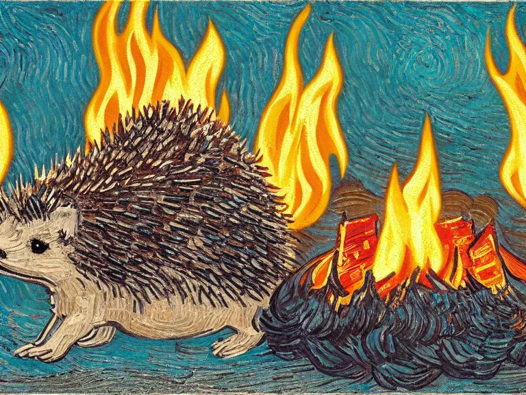 Image similar to a detailed painting of a hedgehog toasting marshmallows on a campfire by van gogh. Oil painting. Trending on artstation. 8k