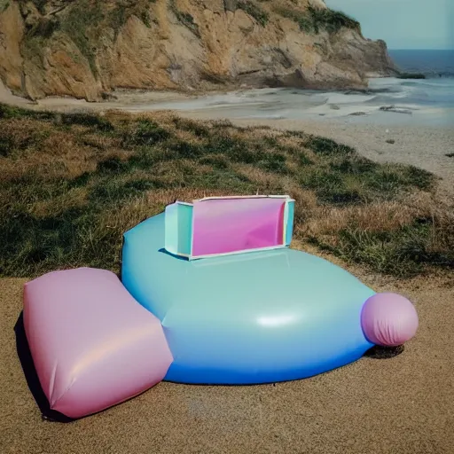 Image similar to a pastel colour high fidelity wide angle Polaroid art photo from a holiday album at a seaside with abstract inflatable parachute furniture, all objects made of transparent iridescent Perspex and metallic silver, no people, iridescence, nostalgic