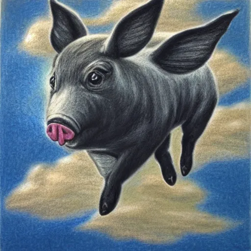 Prompt: chalk pastel drawing of a flying pig