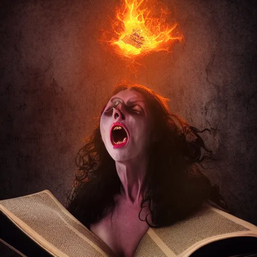 Image similar to enraged witch tearing her own book while screaming in frustration, comedy, fantasy, D&D, HDR, natural light, dynamic pose, award winning photograph, 8k, Mucha style,