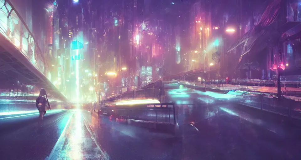 Image similar to Walking on a bridge over fantasy night city lights, volumetric lighting, 4k, octane, digital painting, artstation, sharp focus, illustration