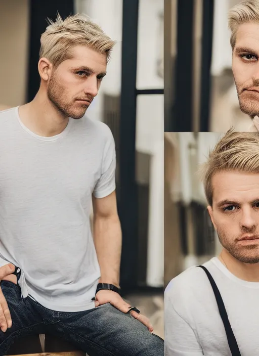 Prompt: a man with light blond short hair and a stubble, photoshoot