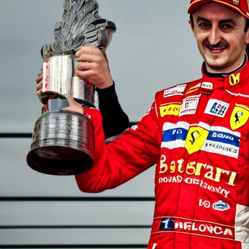 Image similar to Robert Kubica wearing a Ferrari uniform holding a F1 driver championship trophy, news photography, detailed, in focus