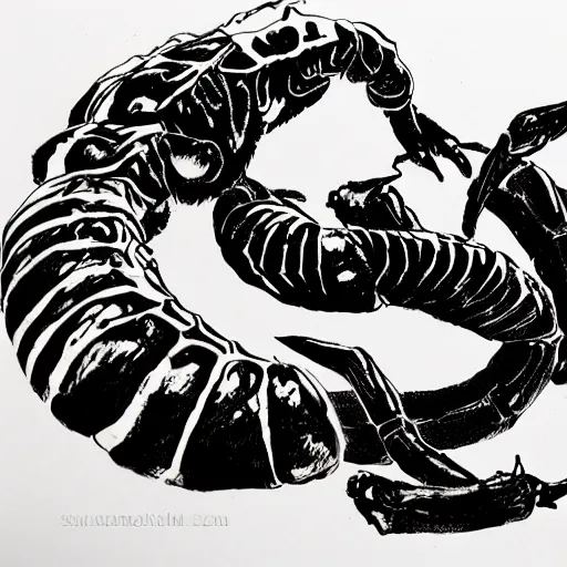 Image similar to scorpion red white and black drawn by Shuichi Shigeno and Michiharu Kusunoki pen ink drawing