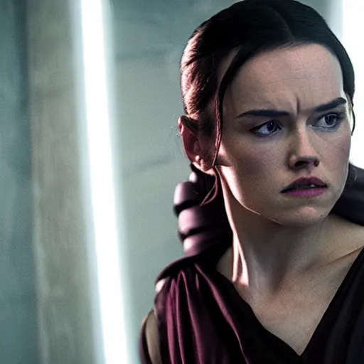 Image similar to movie still of daisy ridley as sith empress wearing a black satin robe and metal belt with dark eye makeup, sweaty, detailed eyes, neutral expression, shallow depth of field, photorealistic, cinematic lighting, lovely bokeh, dark moody light, strong rim light, movie quality, star wars