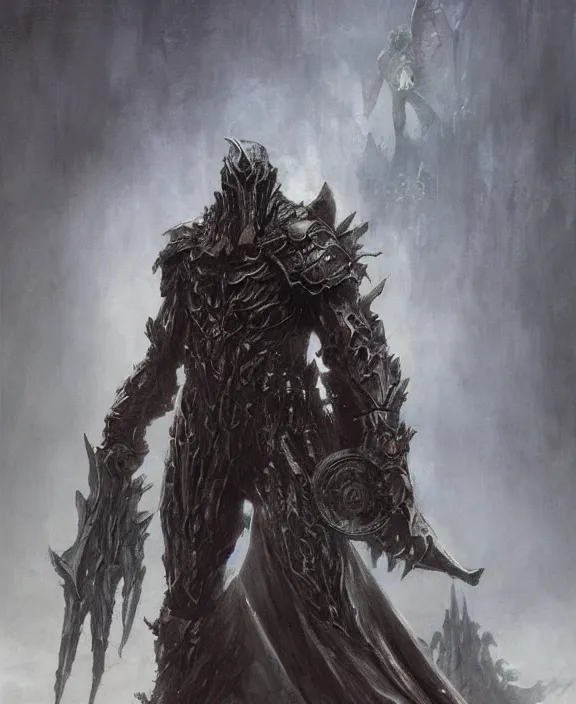 Image similar to corvus glaive concept, beksinski, age of sigma art, frank franzetta, ruan jia, dark soul armor concept, trending on artstation, wayne barlowe, adrian smith fantasy art, elden ring art, the hobbit art, lord of the ring art, infinity blade armor