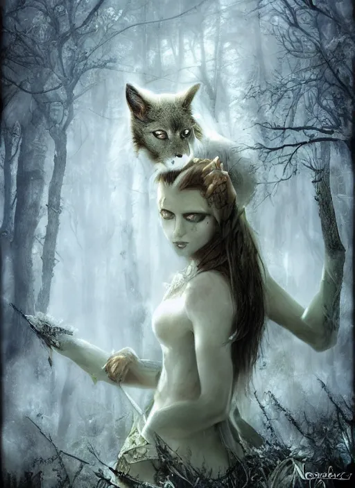 Image similar to medieval female warrior, green eyes, dark forbidden forest, wolves, white cat, by Lecouffe-Deharme, by Natalie Shau