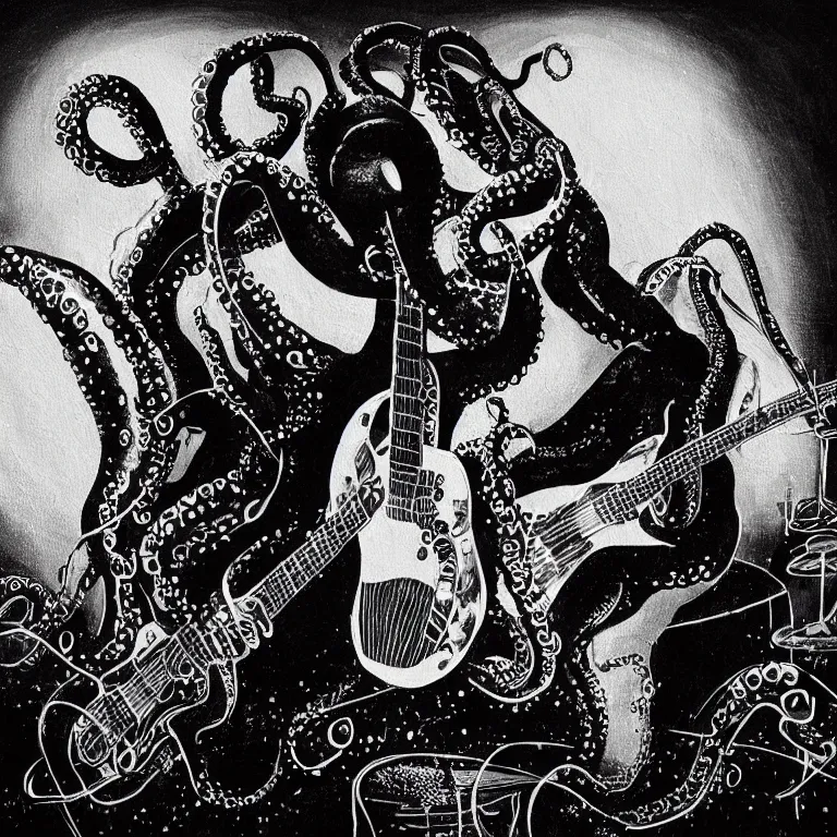 Image similar to a beautiful painting by antonio segura donat of a couple of octopus playing drums and telecaster guitar in an electronic concert, black background, concert light, dark mood, warm lights