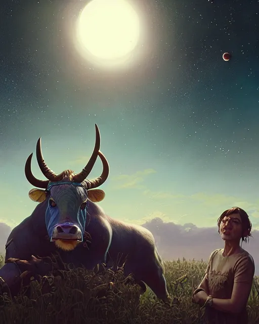 Image similar to highly detailed surreal vfx portrait of a futuristic minotaur in a rural farm with planets in background, stephen bliss, unreal engine, greg rutkowski, loish, rhads, beeple, makoto shinkai and lois van baarle, ilya kuvshinov, rossdraws, tom bagshaw, alphonse mucha, global illumination, detailed and intricate environment