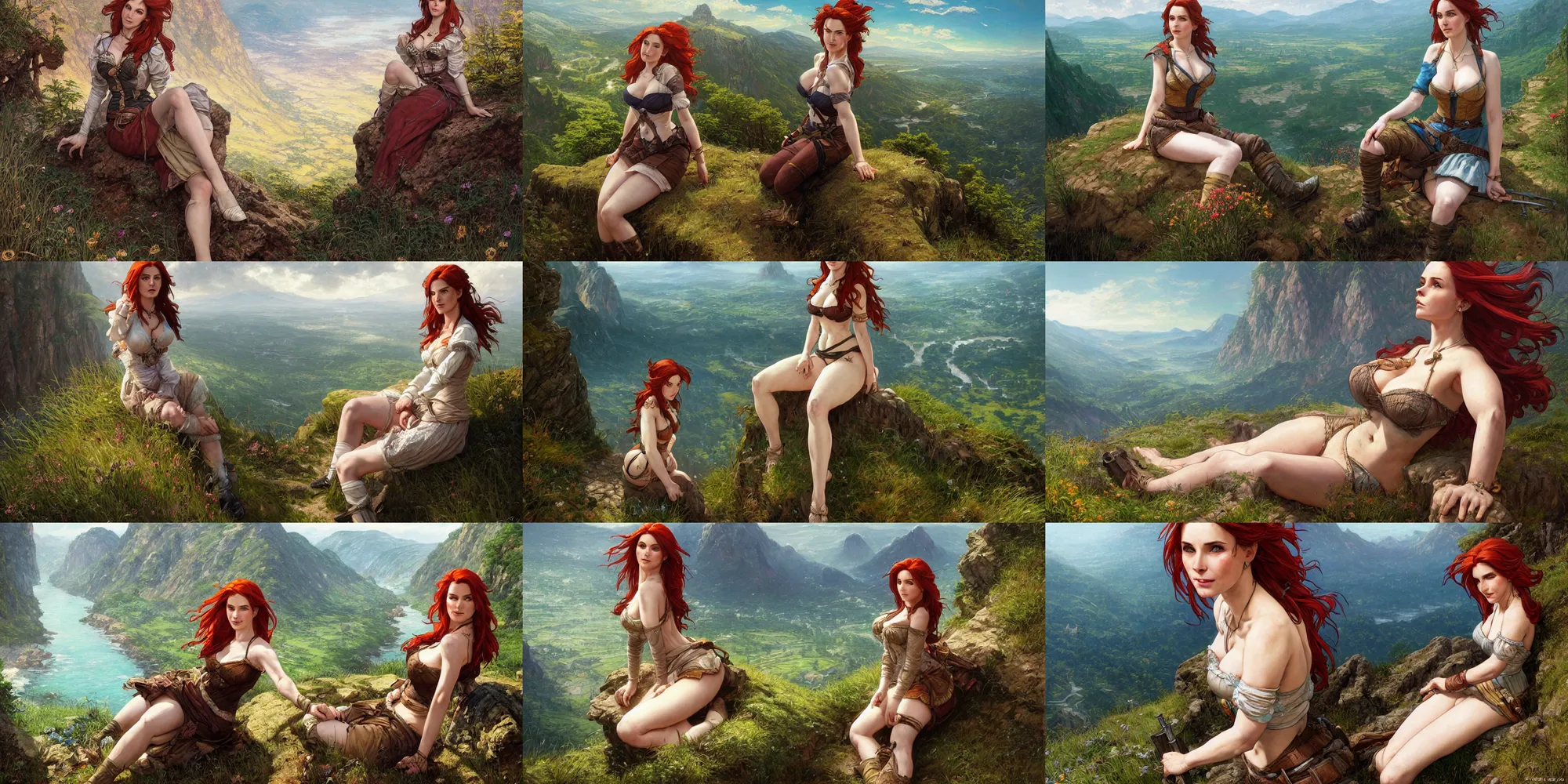 Prompt: alluring highly detailed wide-angle portrait of (1) Triss from the Witcher 3 sitting on the edge of a cliff overlooking a fantasy valley, very detailed, realistic, manga by Stanley Artgerm Lau, greg rutkowski, thomas kindkade, alphonse mucha, loish, norman rockwell J.